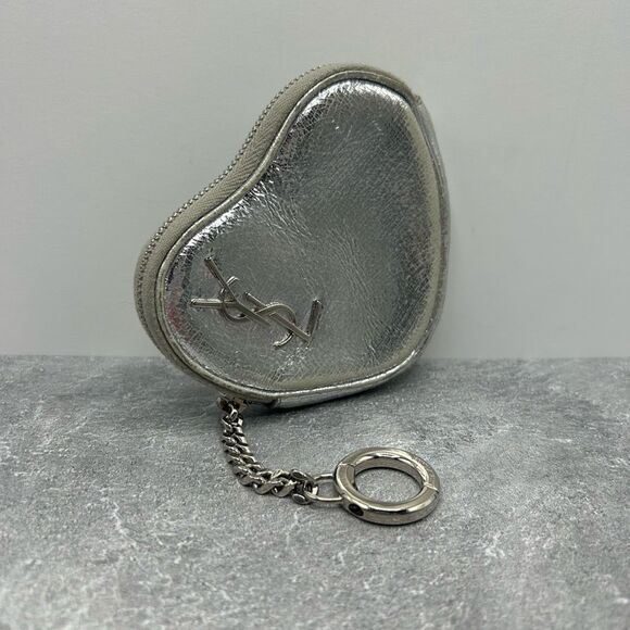 Saint Laurent YSL Metallic Silver Leather Heart Coin Purse with Key Chain - Picture 2 of 15